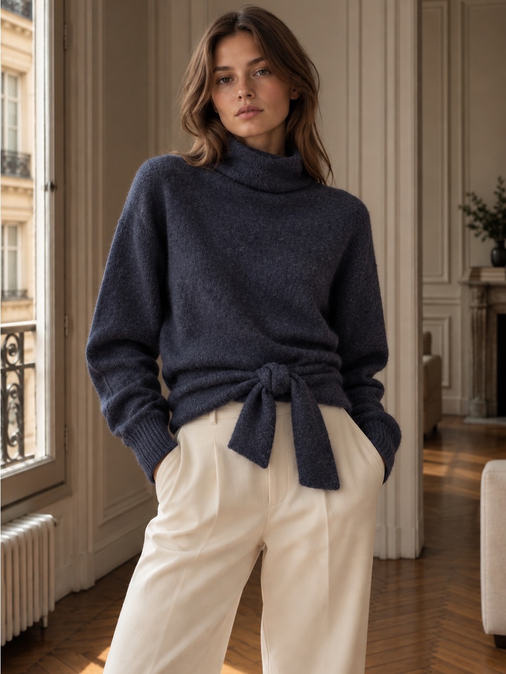 Wilfred Aritzia Lorin Sweater Knit Turtleneck Tie Back Sweater Marl Blue Medium - Picture 2 of 11
